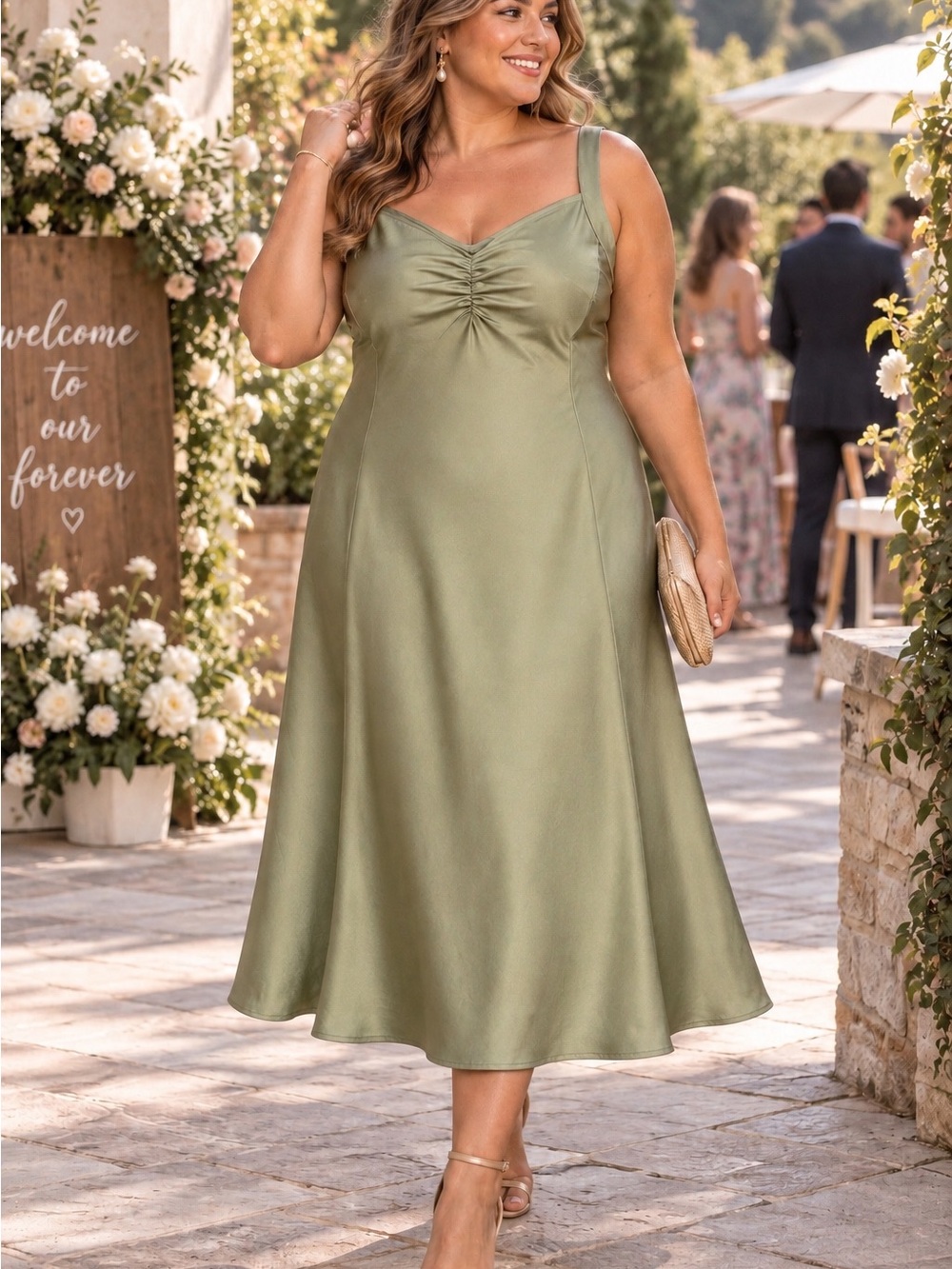Ava & Viv Sage Green Satin Strappy Midi Dress Size 2X Wedding Guest Homecoming - Picture 2 of 9